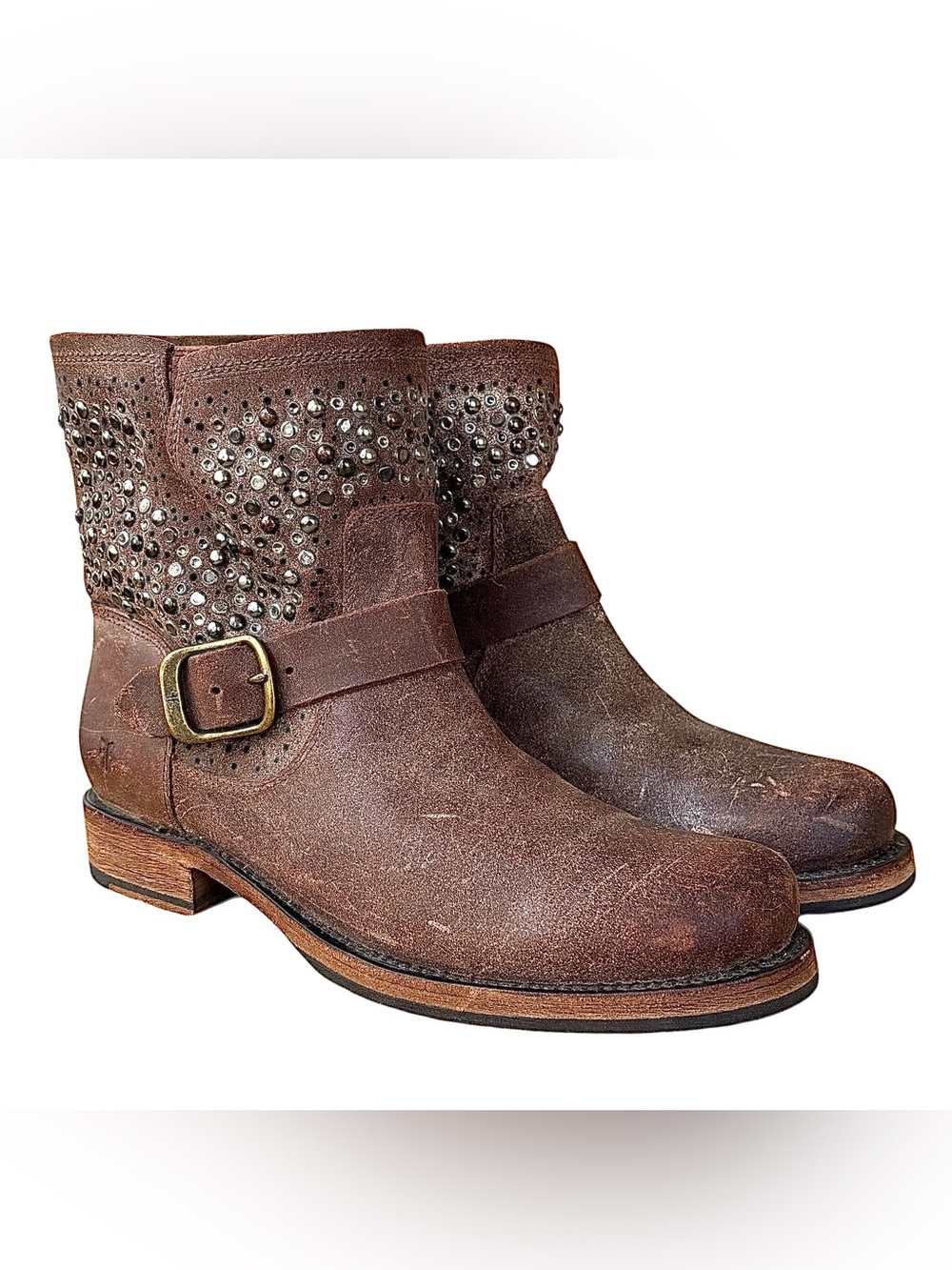 FRYE “Veronica Deco” Short Tan Distressed Suede Brass & Silver Studded Boots